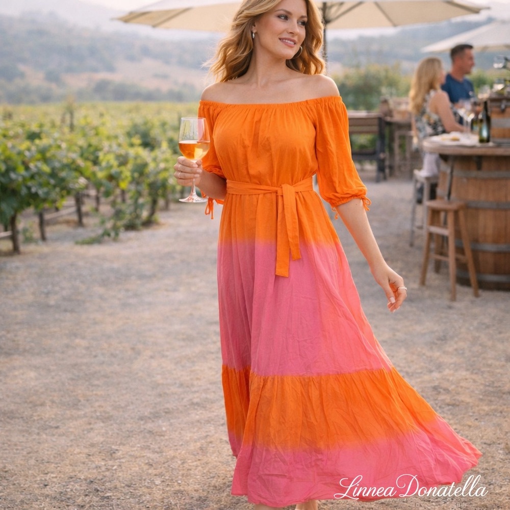 Lina Donatella,Ombré Rayon Vibrant Dress Belted Convertible Resort Summer Size L